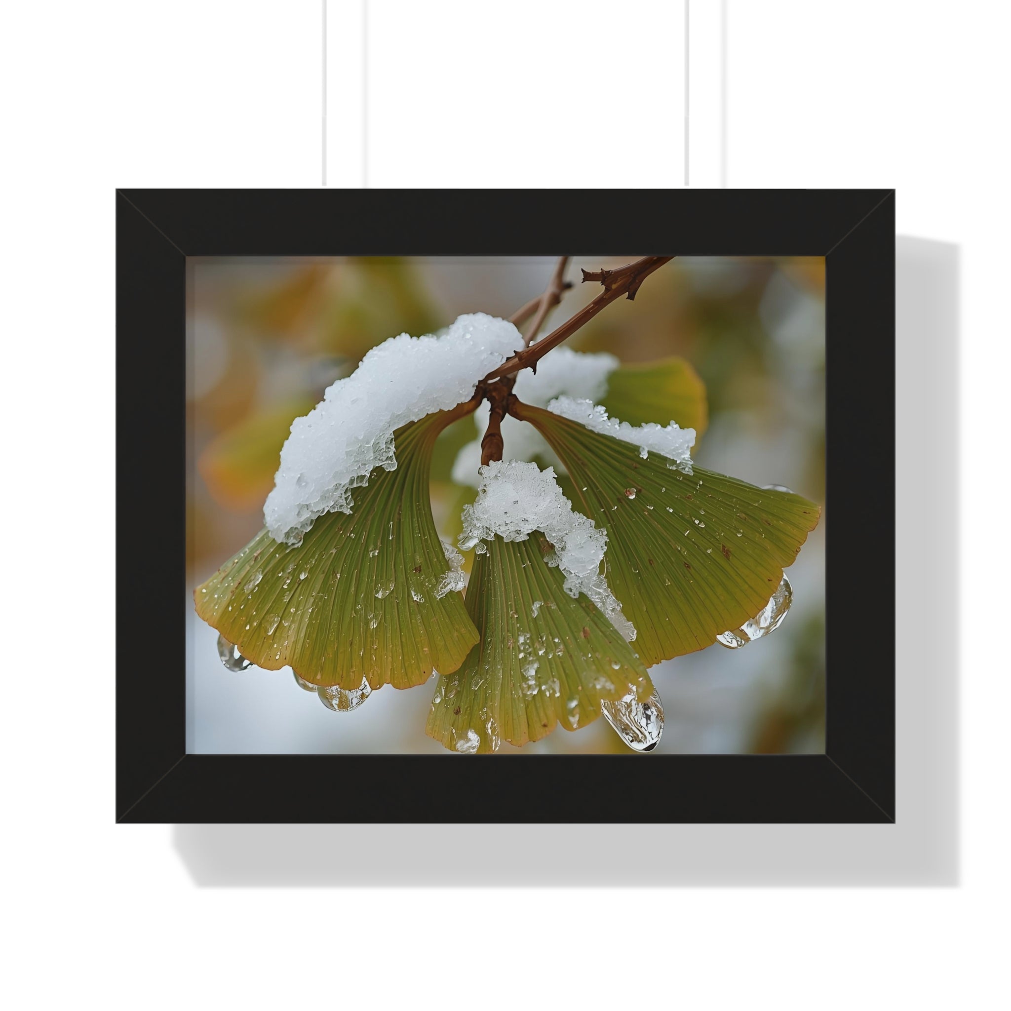 Winter Nature Framed Art Print, Cozy Home Decor, Ginkgo Leaf Snow Poster, Wall Art for Seasonal Vibes, Gift for Nature Lovers