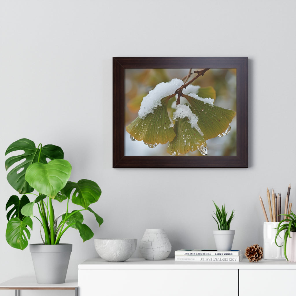 Winter Nature Framed Art Print, Cozy Home Decor, Ginkgo Leaf Snow Poster, Wall Art for Seasonal Vibes, Gift for Nature Lovers