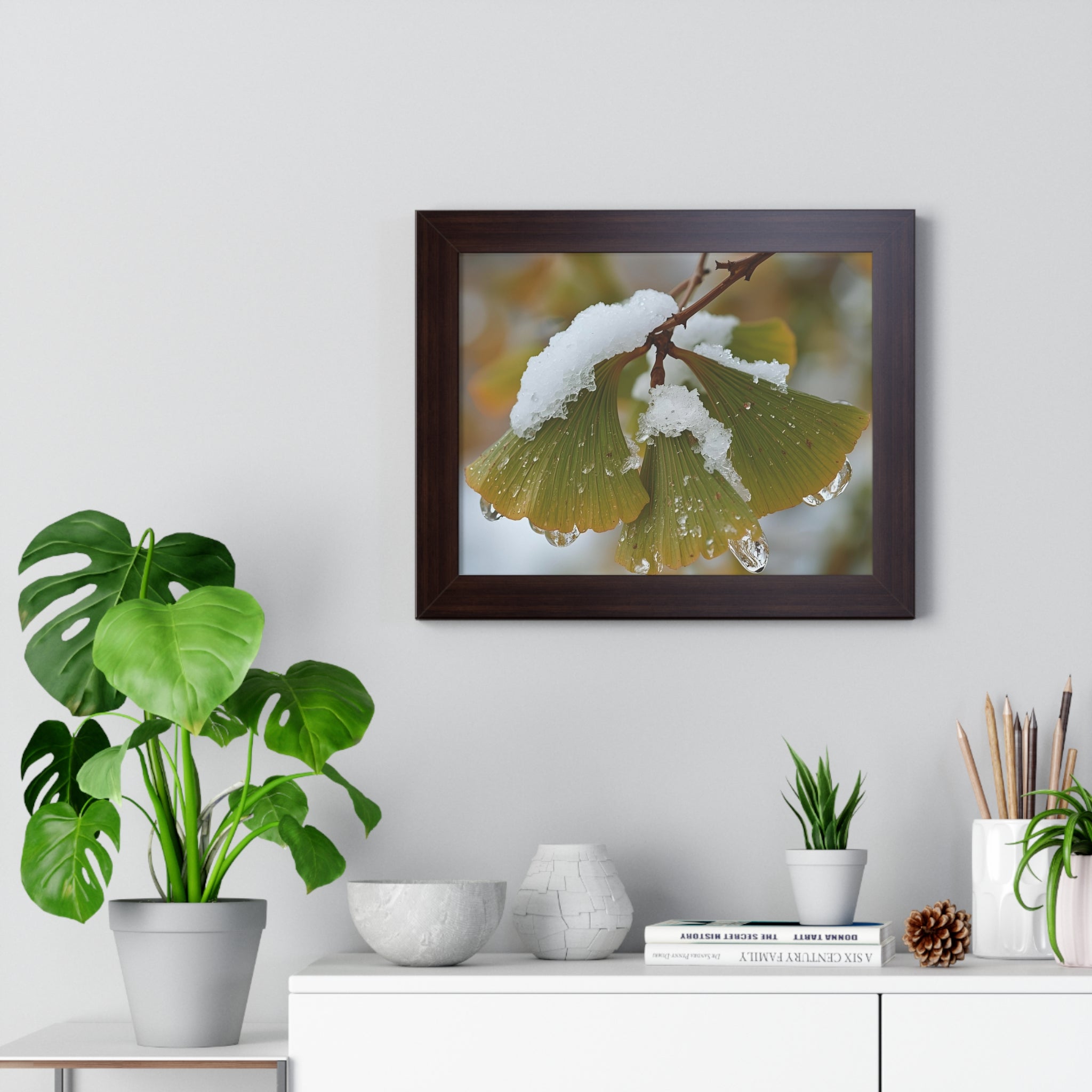Winter Nature Framed Art Print, Cozy Home Decor, Ginkgo Leaf Snow Poster, Wall Art for Seasonal Vibes, Gift for Nature Lovers