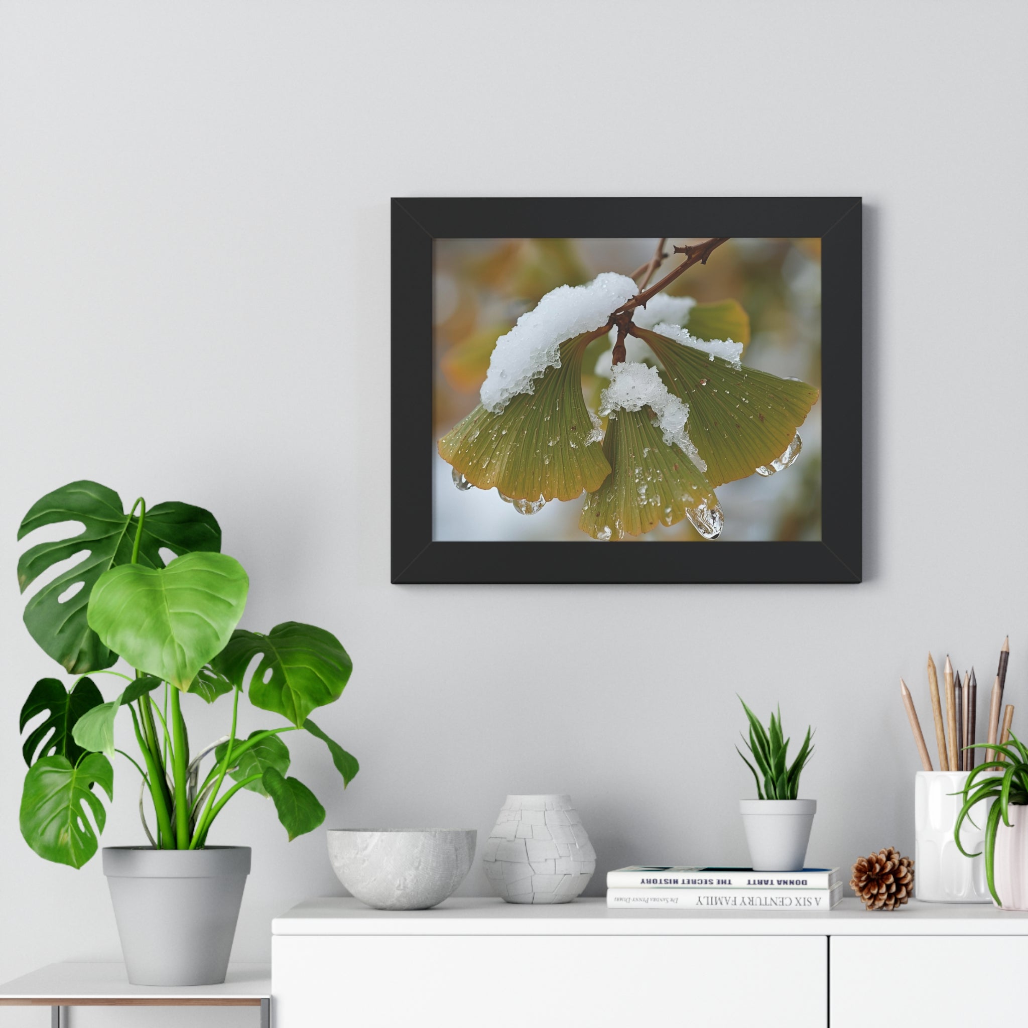 Winter Nature Framed Art Print, Cozy Home Decor, Ginkgo Leaf Snow Poster, Wall Art for Seasonal Vibes, Gift for Nature Lovers