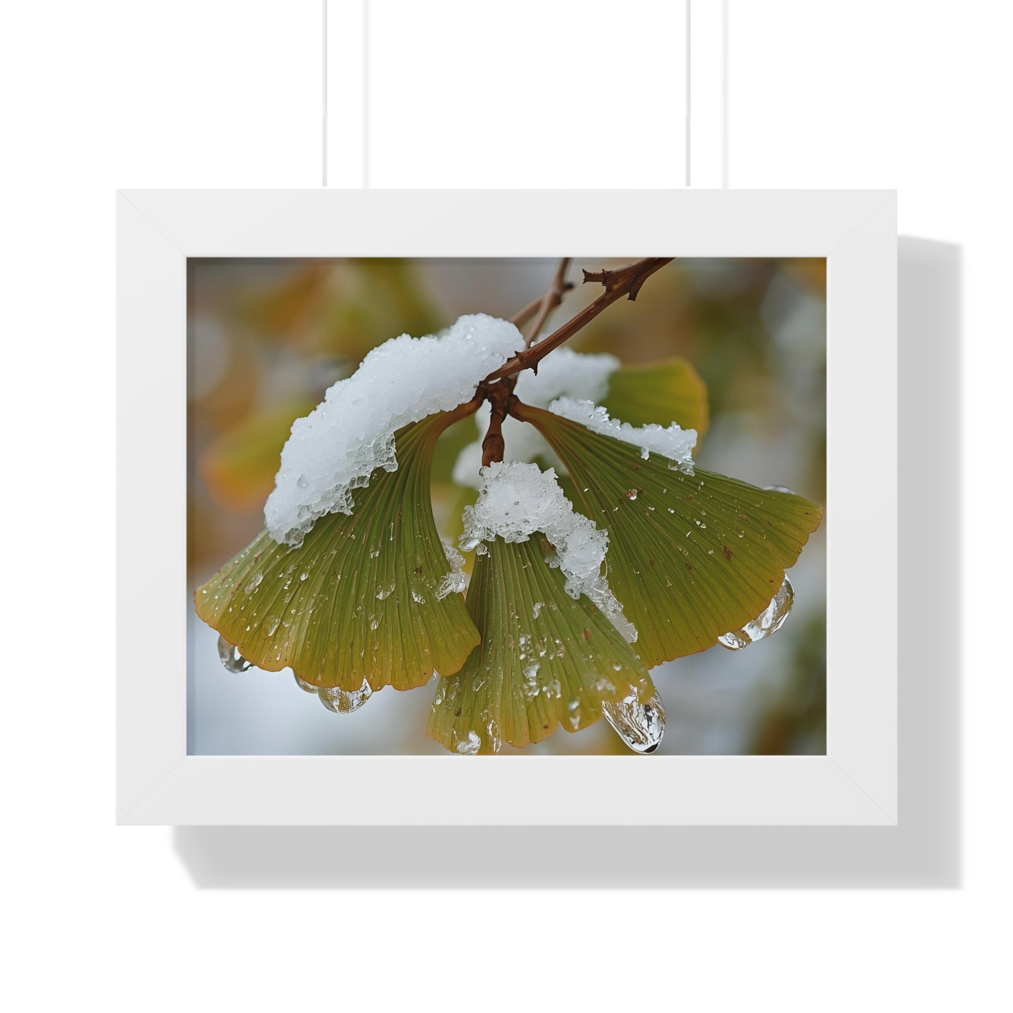 Winter Nature Framed Art Print, Cozy Home Decor, Ginkgo Leaf Snow Poster, Wall Art for Seasonal Vibes, Gift for Nature Lovers