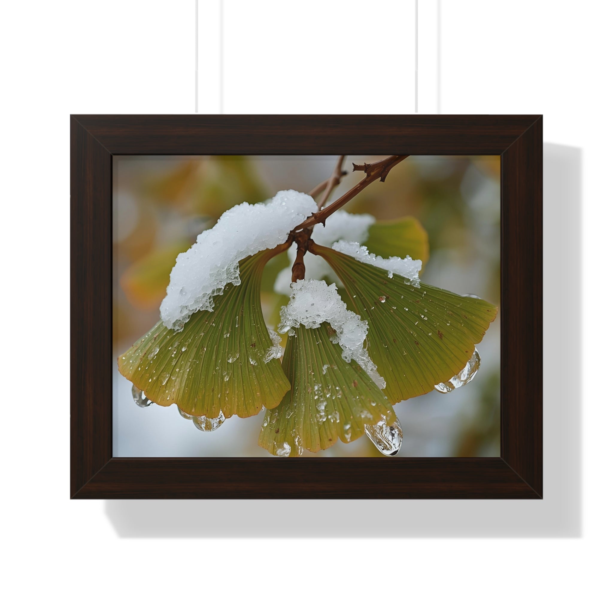 Winter Nature Framed Art Print, Cozy Home Decor, Ginkgo Leaf Snow Poster, Wall Art for Seasonal Vibes, Gift for Nature Lovers