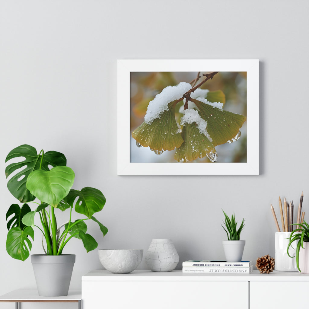 Winter Nature Framed Art Print, Cozy Home Decor, Ginkgo Leaf Snow Poster, Wall Art for Seasonal Vibes, Gift for Nature Lovers