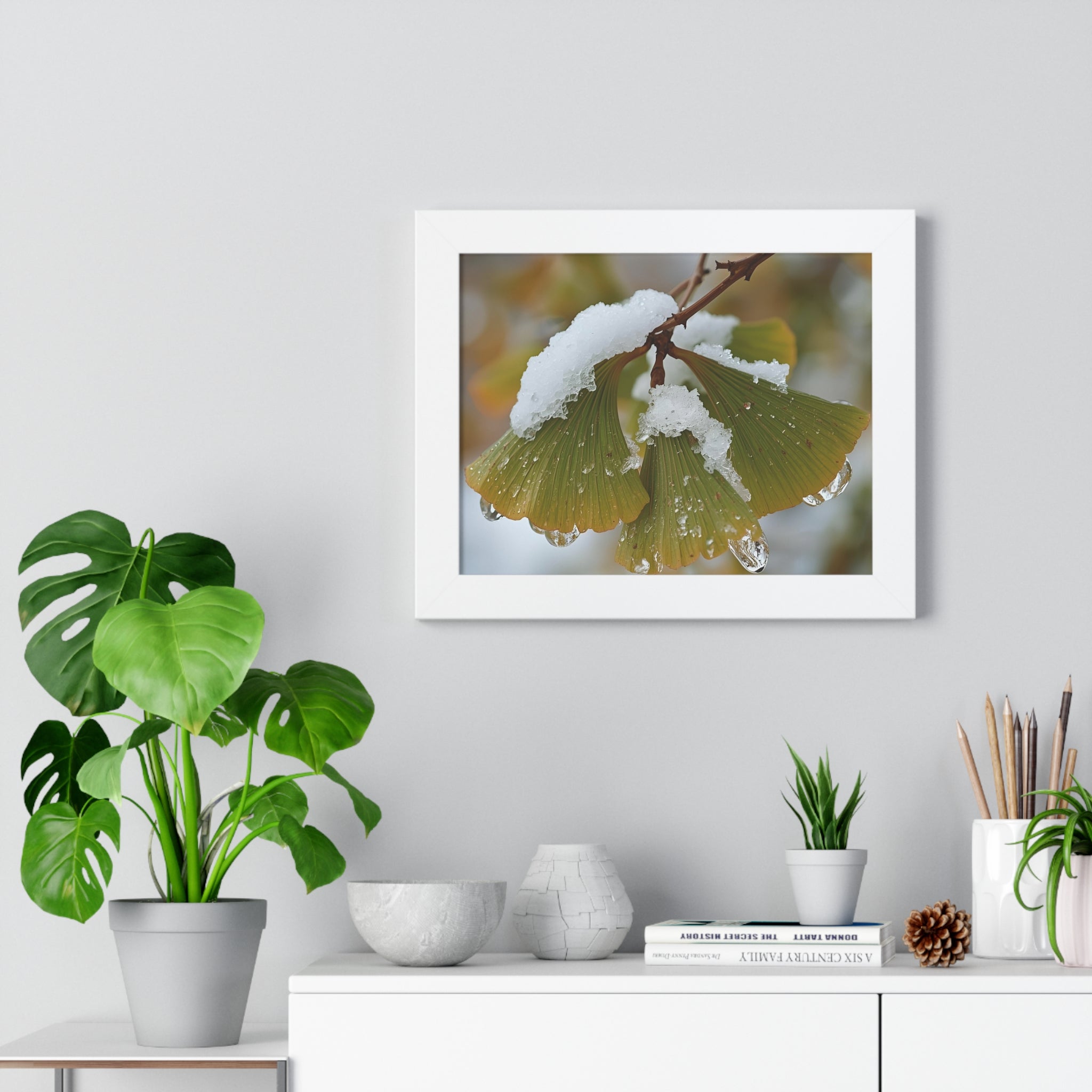 Winter Nature Framed Art Print, Cozy Home Decor, Ginkgo Leaf Snow Poster, Wall Art for Seasonal Vibes, Gift for Nature Lovers